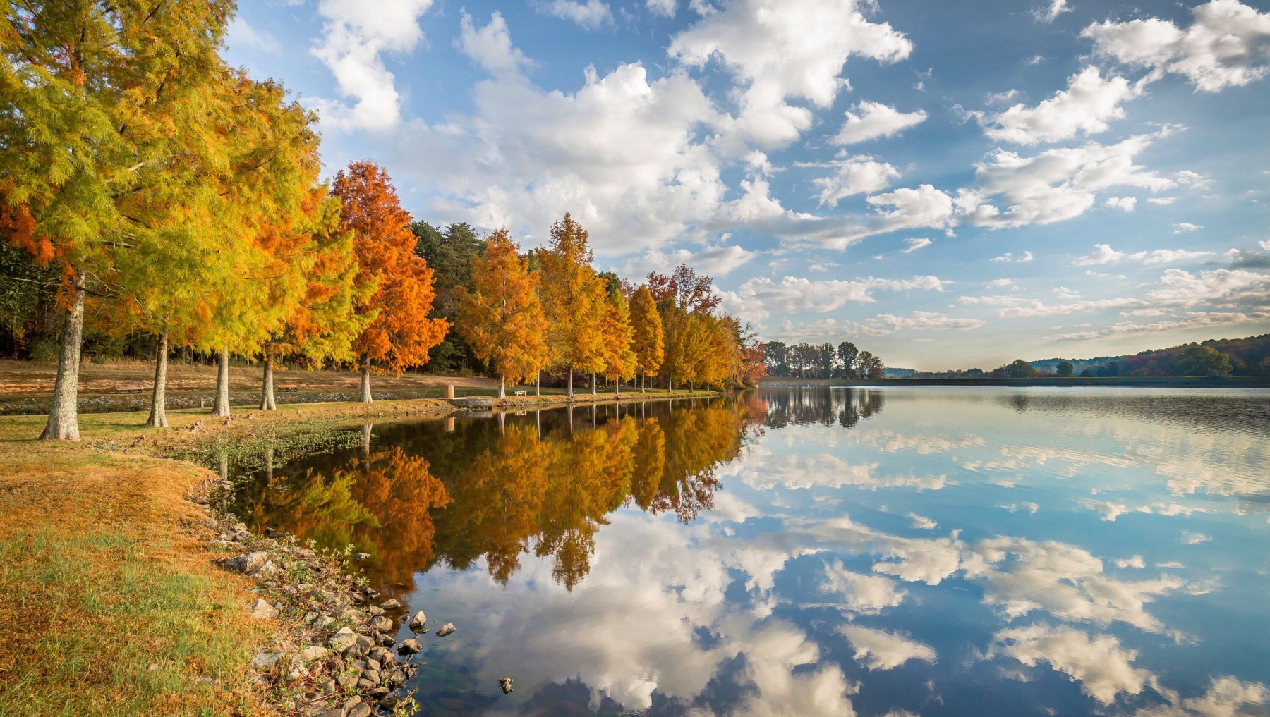 Colorful fall trees lining Lake Higgins' shore with clouds reflecting in calm waters.