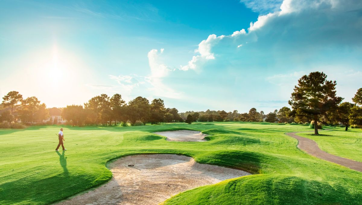 Golfer walking on greens with trees in background under blue sky