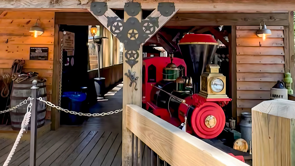 Western-themed restaurant with train ride off of platform.