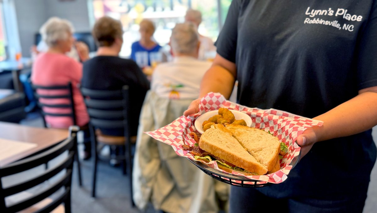 Closeup of waitress holding a BLT with a side with a table of diners in background at Lynn's Place.