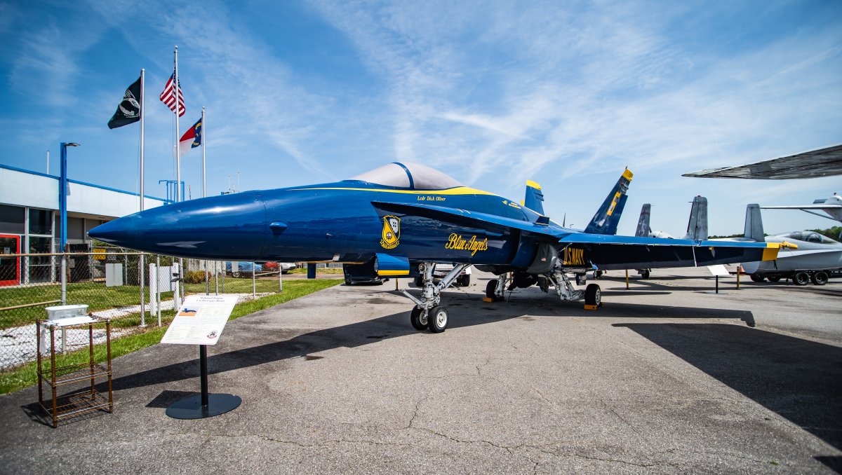Blue Angels plane on display outside at museum