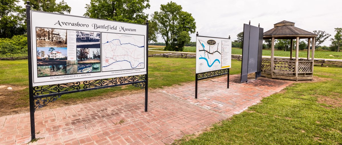Maps and signs outside at Averasboro Battlefield Museum in middle of field