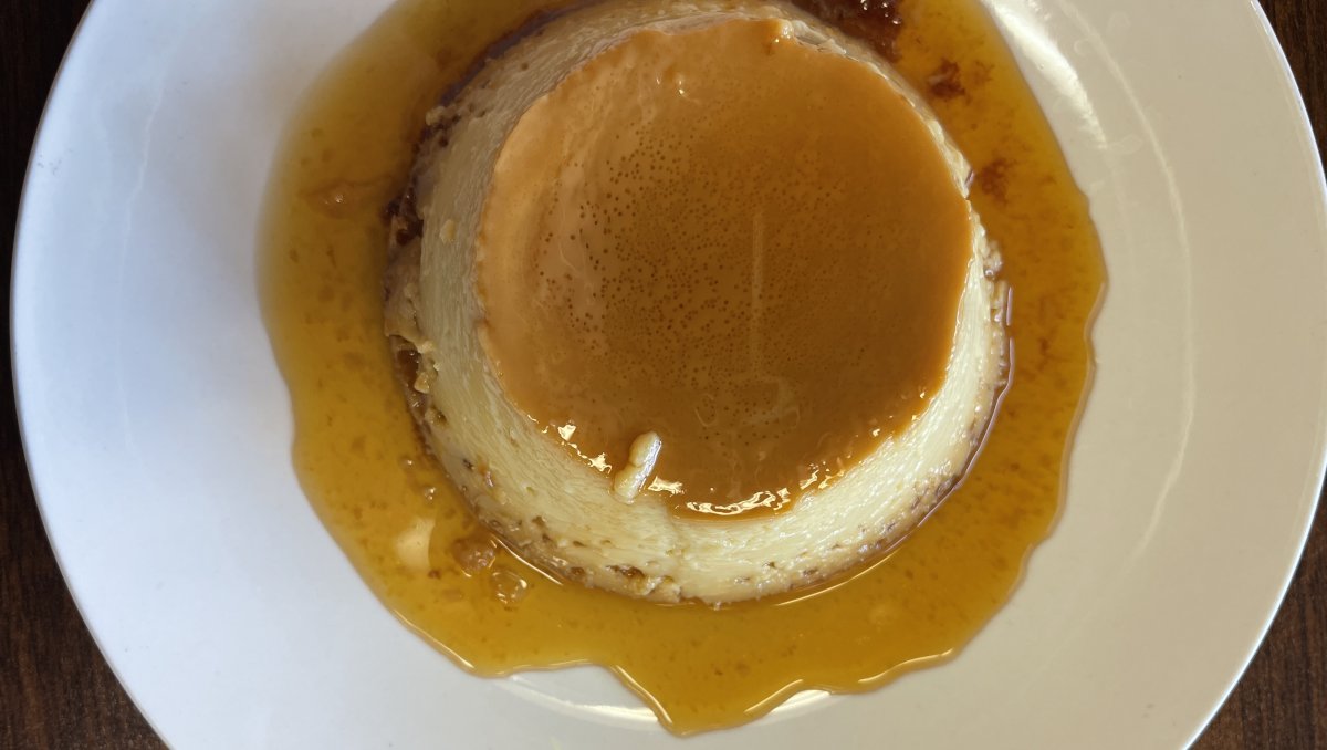 Overhead shot of flan on plate