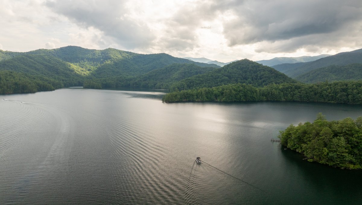 Aerial view of unspoiled lake surrounded by mountains and trees.