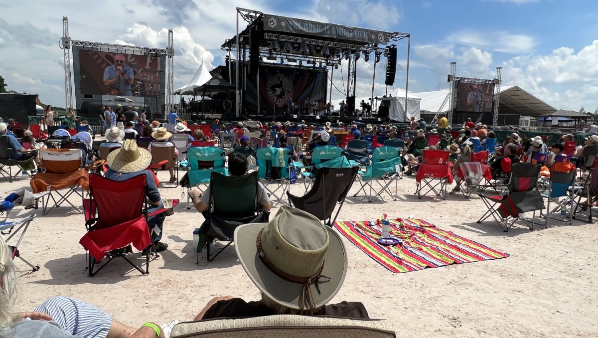 People in camping chairs set up in front of stage enjoying music during daytime.