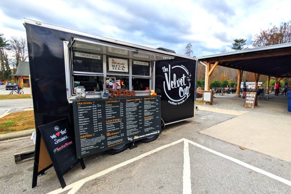 The Velvet Cup coffee truck outside of outdoor gear rental shop.