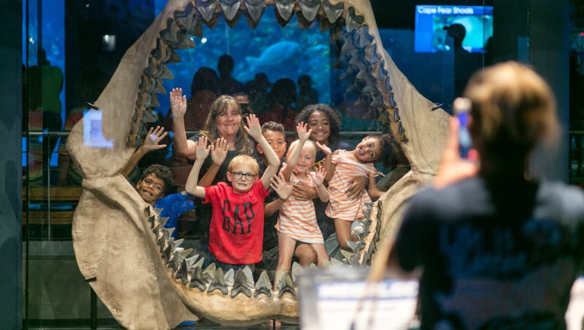 Woman taking photo of family standing in shark's mouth at aquarium