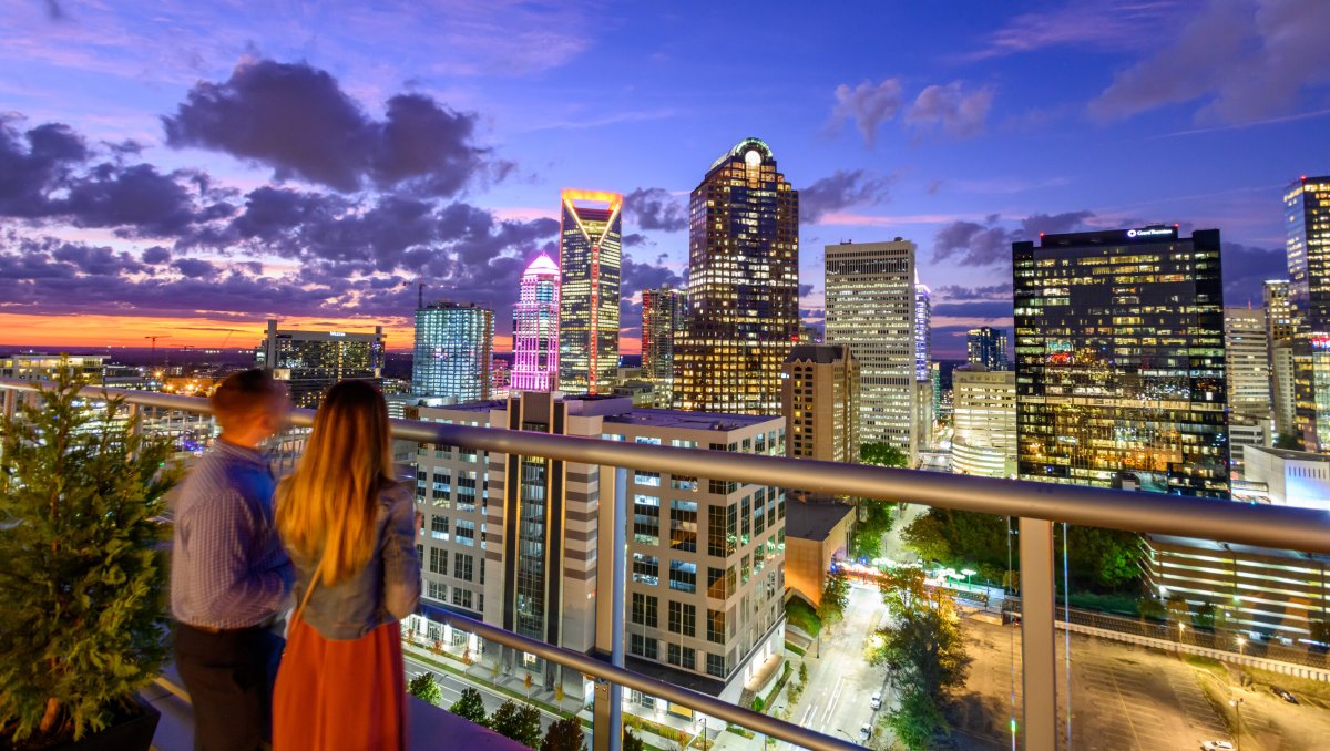 Couple standing on Fahrenheit's rooftop patio looking out at Charlotte skyline at dusk