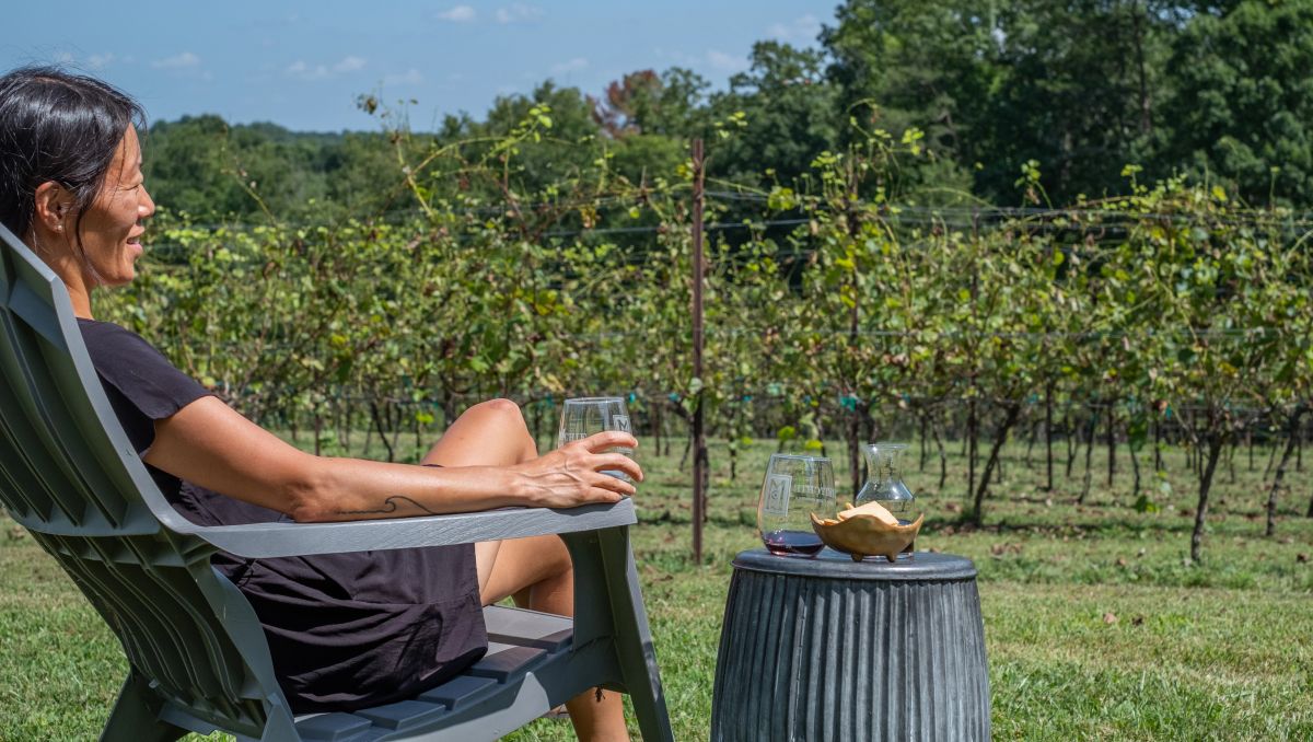 Woman sitting on chair holding glass of wine looking at the vineyard