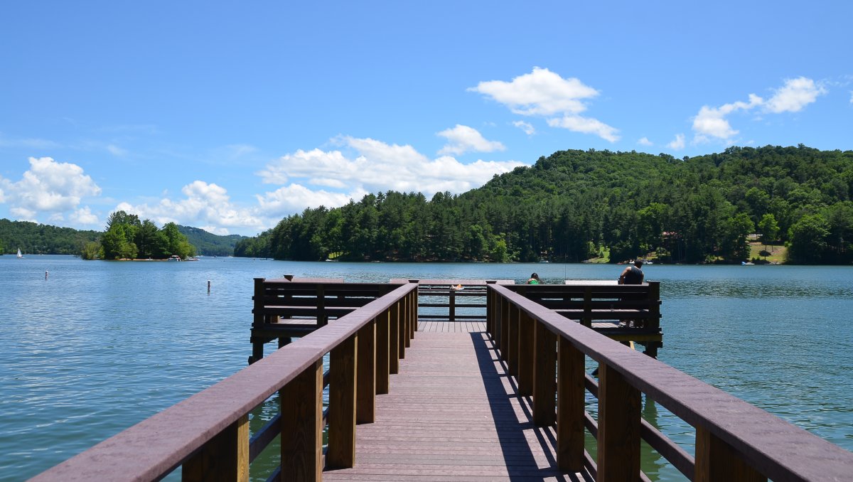 Wooden dock jutting inside lake with trees on shoreline in distance during daytime.