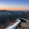 Snowy Wiseman's View overlook in the Linville Gorge during sunrise